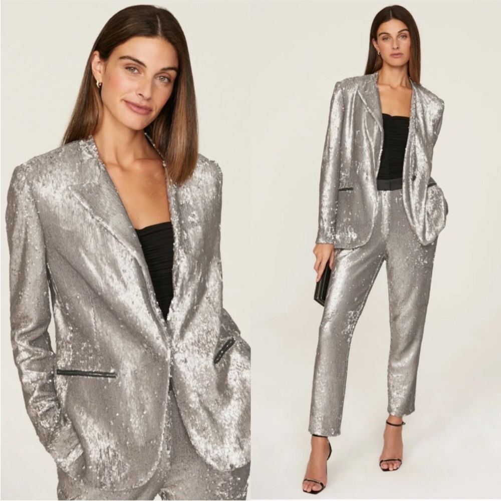 AllSaints Leigh Silver Metallic Sequin Blazer Sparkly Statement Shiny Size US 8